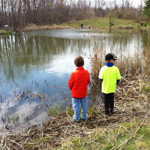 Two boys fishing in the pond